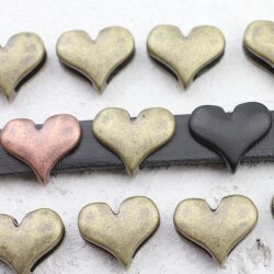 10 Heart Slider Beads, Slider Beads Heart, Antique Brass