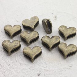 10 Heart Slider Beads, Slider Beads Heart, Antique Brass