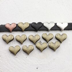 10 Heart Slider Beads, Slider Beads Heart, Antique Brass