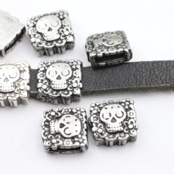 5 Skull Beads, Slider Beads, Dark Antique Silver