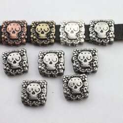 5 Skull Beads, Slider Beads, Dark Antique Silver