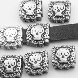 5 Skull Beads, Slider Beads, Dark Antique Silver