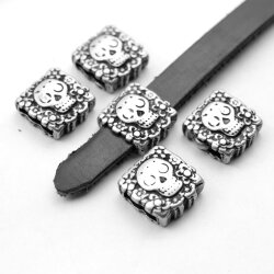 5 Skull Beads, Slider Beads, Dark Antique Silver