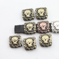 5 Skull Beads, Slider Beads, Antique Brass