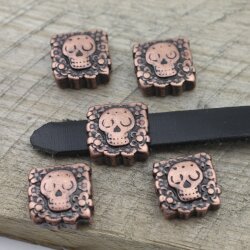 5 Skull Beads, Slider Beads, Antique Copper