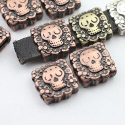 5 Skull Beads, Slider Beads, Antique Copper