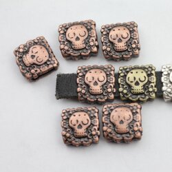 5 Skull Beads, Slider Beads, Antique Copper