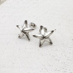 5 Pairs Star Fish Stud Earrings, antique silver