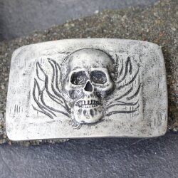 Dark Antique Silver Belt buckle Skull, Deaths head in flames