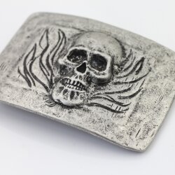 Dark Antique Silver Belt buckle Skull, Deaths head in flames