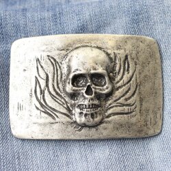 Dark Antique Silver Belt buckle Skull, Deaths head in flames