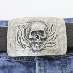 Dark Antique Silver Belt buckle Skull, Deaths head in flames