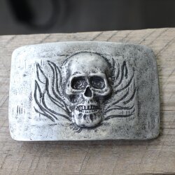 Dark Antique Silver Belt buckle Skull, Deaths head in flames