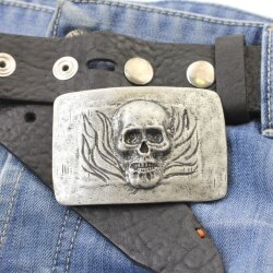 Dark Antique Silver Belt buckle Skull, Deaths head in flames