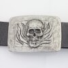 Gürtelschnalle Totenkopf, Totenkopf in Flammen, dunkel Silber