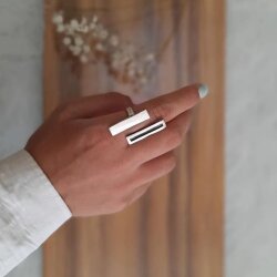 Silver Brutalist Double Lines Ring, Modernist Abstract Ring