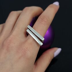 Silver Brutalist Double Lines Ring, Modernist Abstract Ring