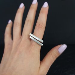 Abstrakter Doppel Linien Statement Ring, Fallender Silber Ring