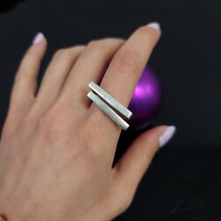 Silver Brutalist Double Lines Ring, Modernist Abstract Ring