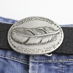 Rustic Antique Silver Belt buckle Feather on oval