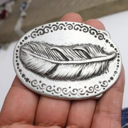 Rustic Antique Silver Belt buckle Feather on oval