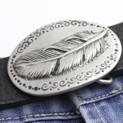 Rustic Antique Silver Belt buckle Feather on oval