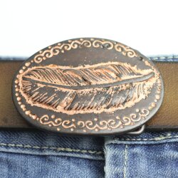 Rustic Copper Belt buckle Feather on oval