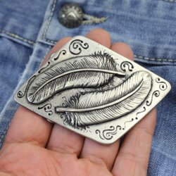 Dark Silver Feather Belt buckle double Feather on Rhomb
