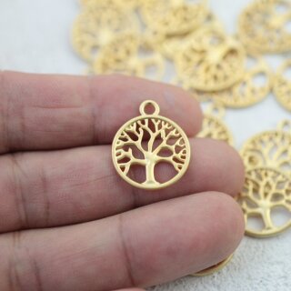 10 Tree of Life Pendants, Matte Gold