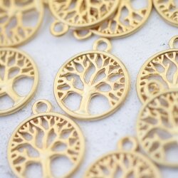 10 Tree of Life Pendants, Matte Gold