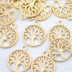 10 Tree of Life Pendants, Matte Gold