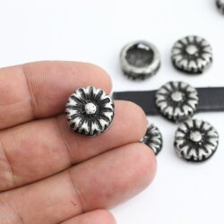 10 Rustic Silver Flower Slider Beads