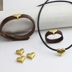 10 Schiebeperle Metall Herz, matt gold DIY Ringe, Armband, Kette