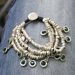 Silver Wrap Bracelet Emerald Crystals Charms Bracelet, Multi Layer Charm Bracelet