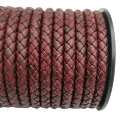 6mm Bolo Cord Round Braided Leather Strap Distressed Red 1 m