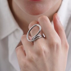 Modern Wave Ring | Adjustable Silver Tone Womens Ring | Chic Design, Minimalist Open Ring - Trendy Metal Jewelry for Her