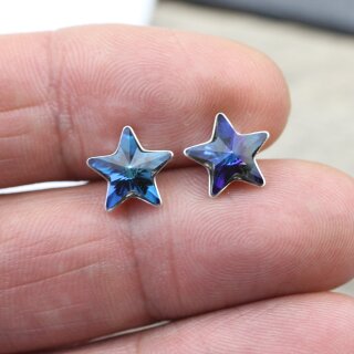 Sterling Silver stud Star earrings with crystals from Swarovski, Sparkly Star Earrings, Star Stud Earrings  77 Crystal Bermuda Blue
