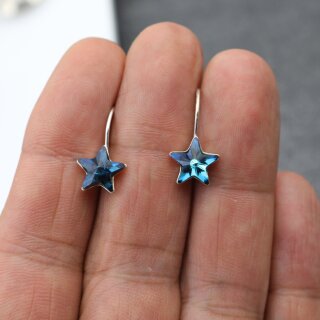 Sterling Silver Hook Earrings, Star earrings with crystals from Swarovski, Sparkly Star Earrings 77 Crystal Bermuda Blue