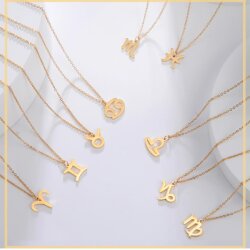 Stainless steel necklace in gold with zodiac pendant,...