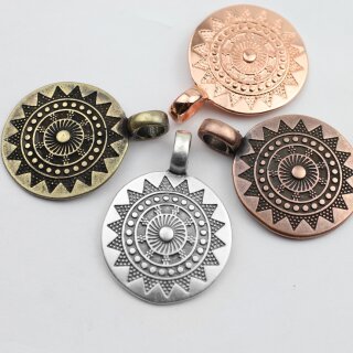 5 Sun Mandala Round Disc Pendants 29 mm ( 6 mm), antique silver