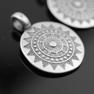 5 Sun Mandala Round Disc Pendants 29 mm ( 6 mm), antique silver