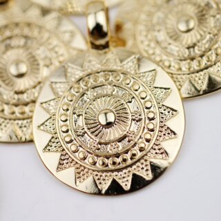 5 Sun Mandala Round Disc Pendants 29 mm ( 6 mm), antique silver
