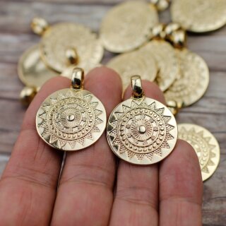 5 Sun Mandala Round Disc Pendants 29 mm ( 6 mm), antique silver