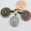 5 Sun Mandala Round Disc Pendants 29 mm (Ø 6 mm), antique silver