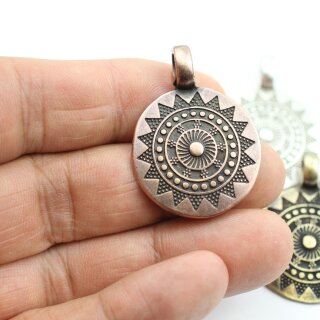 5 Sun Mandala Round Disc Pendants 29 mm (Ø 6 mm), antique silver Antique Copper