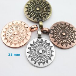 1 Sun Mandala Round Disc Pendants 33 mm, antique copper