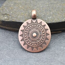 1 Sun Mandala Round Disc Pendants 33 mm, antique copper