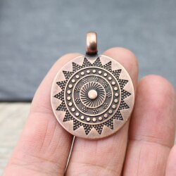 1 Sun Mandala Round Disc Pendants 33 mm, antique copper