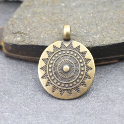 1 Sun Mandala Round Disc Pendants 33 mm, antique Brass