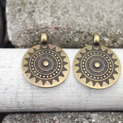 1 Sun Mandala Round Disc Pendants 33 mm, antique Brass